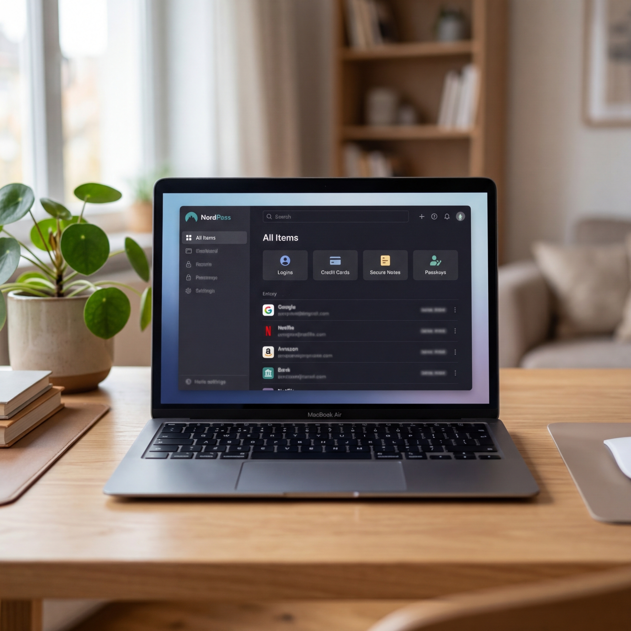 Laptop mit NordPass-Anwendung auf einem Holztisch