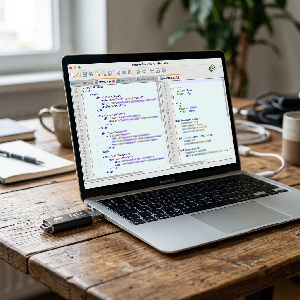 Laptop zeigt Notepad++ mit Programmiercode auf einem Holzschreibtisch