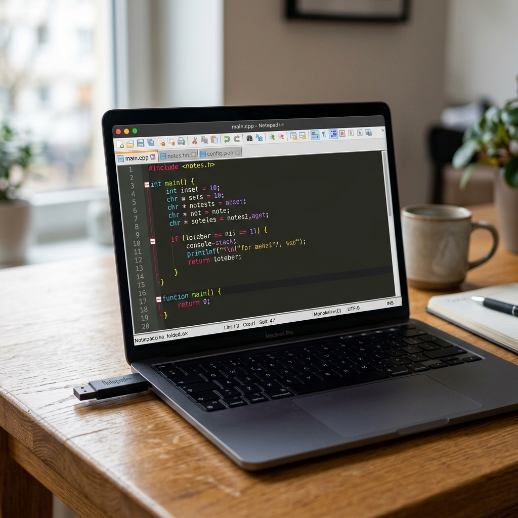 Ein Laptop zeigt Programmcode auf einem Tisch mit einer Tasse Kaffee.