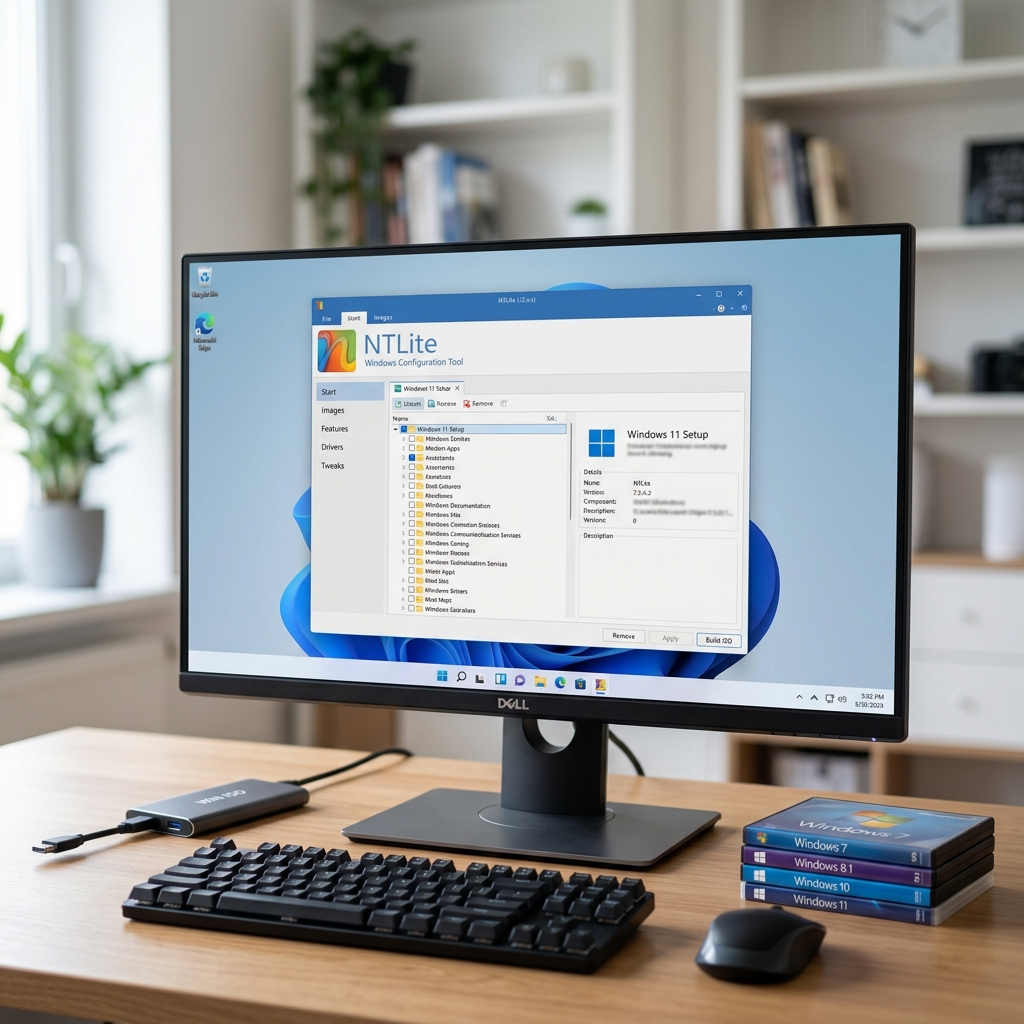 Desktop mit NTLite Software und Windows 11 Setup