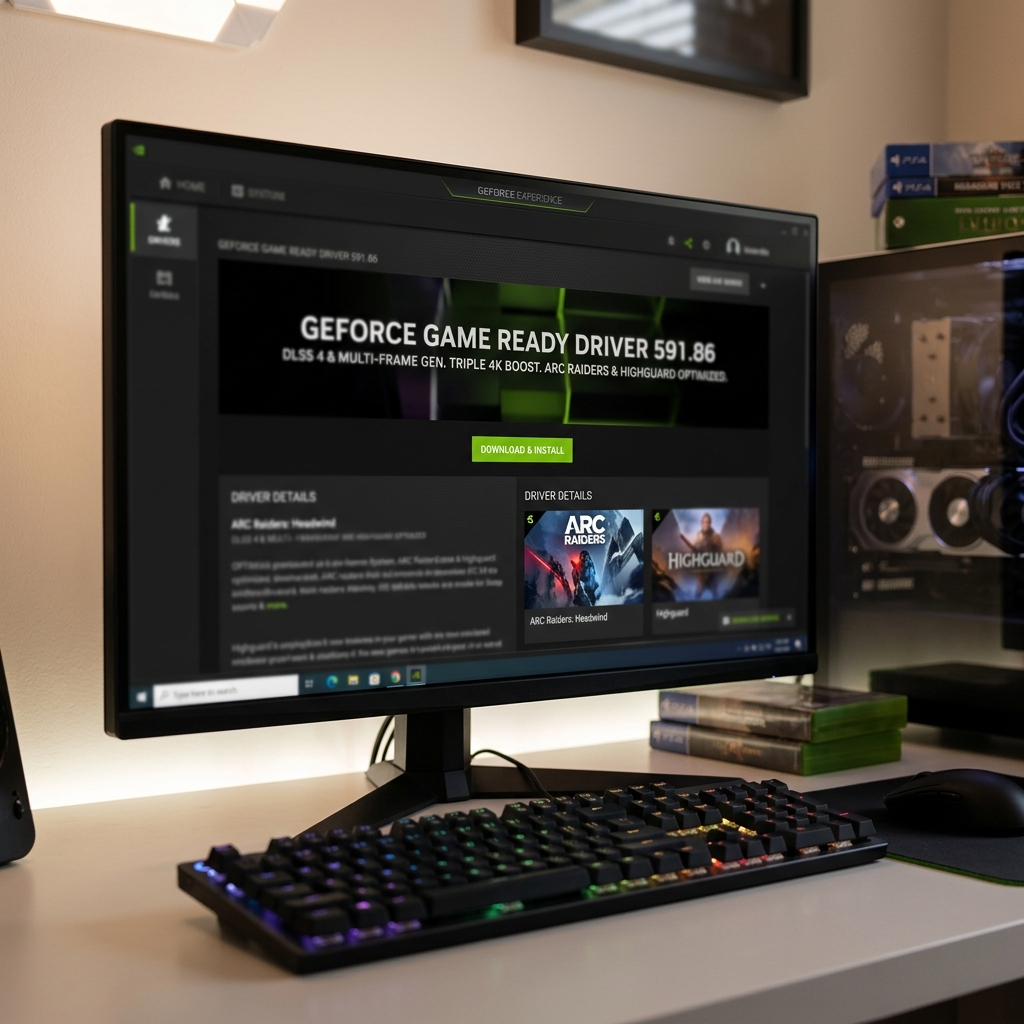 Computerbildschirm zeigt GeForce Game Ready Driver und Spieleinformationen.