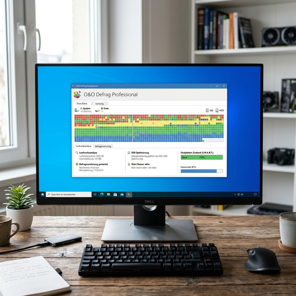 Monitor mit Defragmentierungssoftware auf Holzschreibtisch