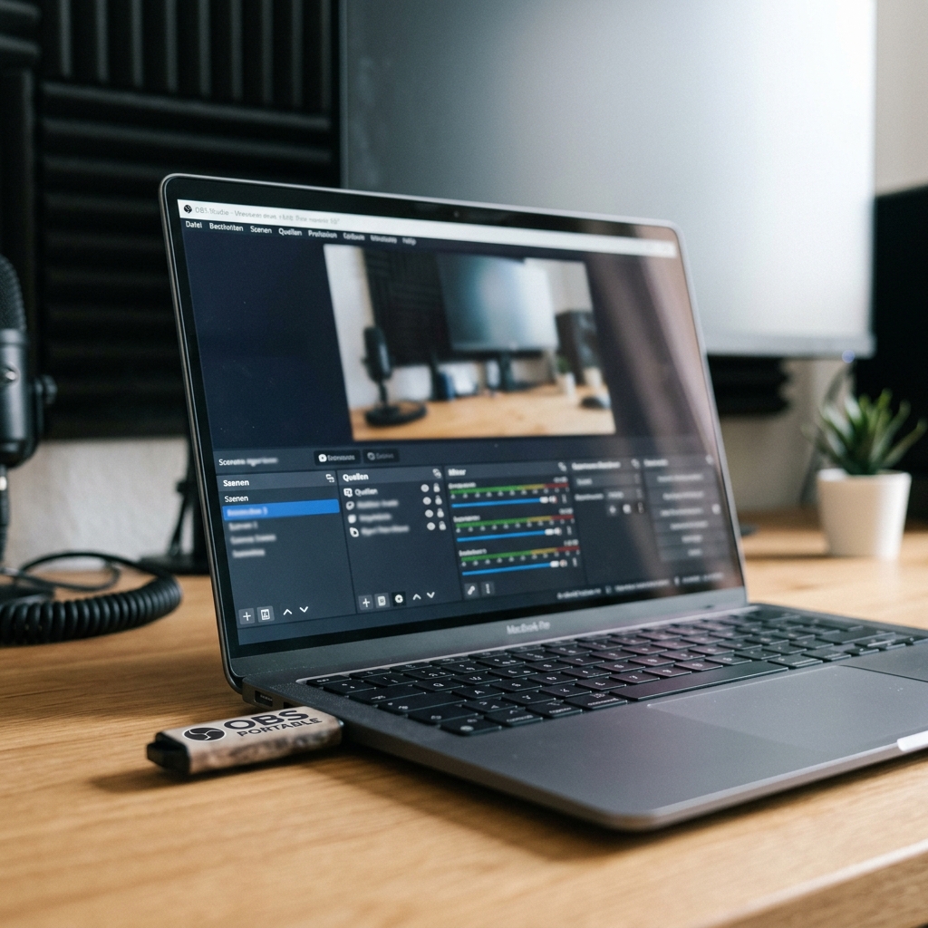 MacBook Pro mit OBS Studio geöffnet, USB-Stick im Vordergrund