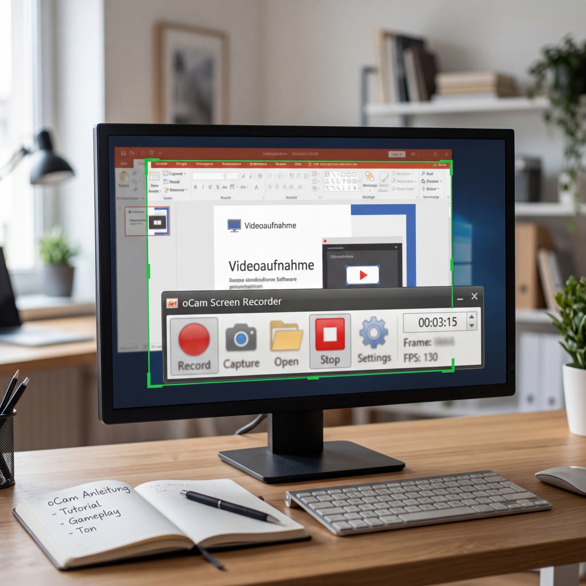 Computerbildschirm zeigt Bildschirmaufnahme-Software und Präsentation.