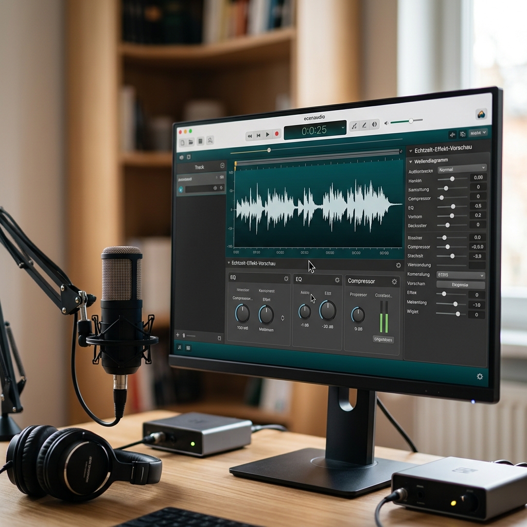 Monitor mit Audio-Bearbeitungssoftware und Mikrofon