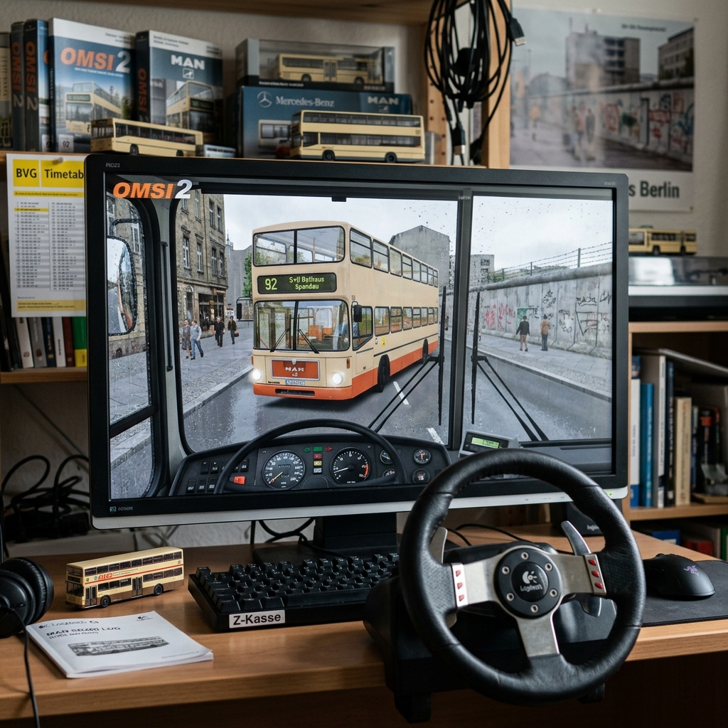 Bildschirm mit OMSI 2 Bus-Simulation und Steuerrad