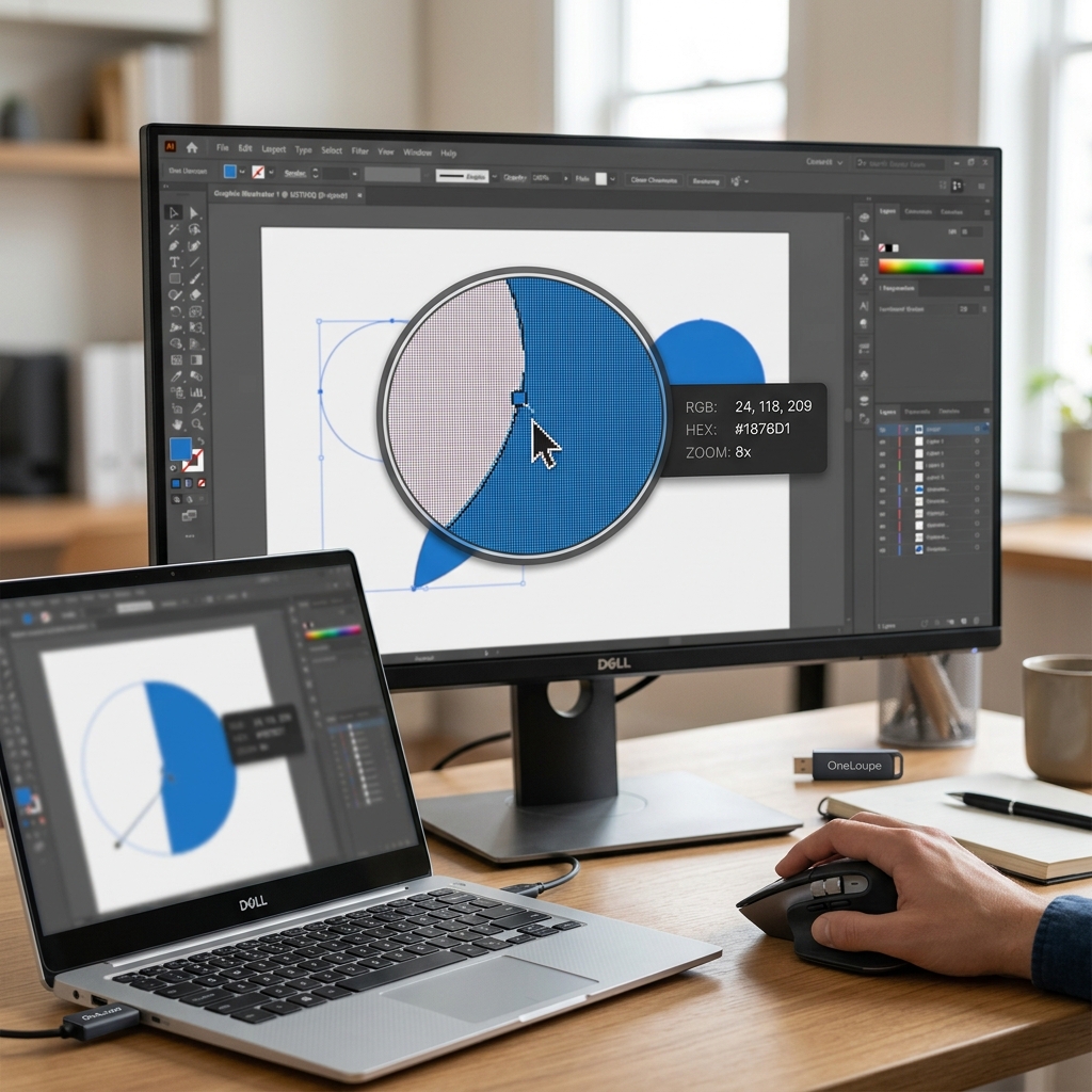 Computerbildschirm mit Grafikdesign-Software und Laptop auf einem Tisch