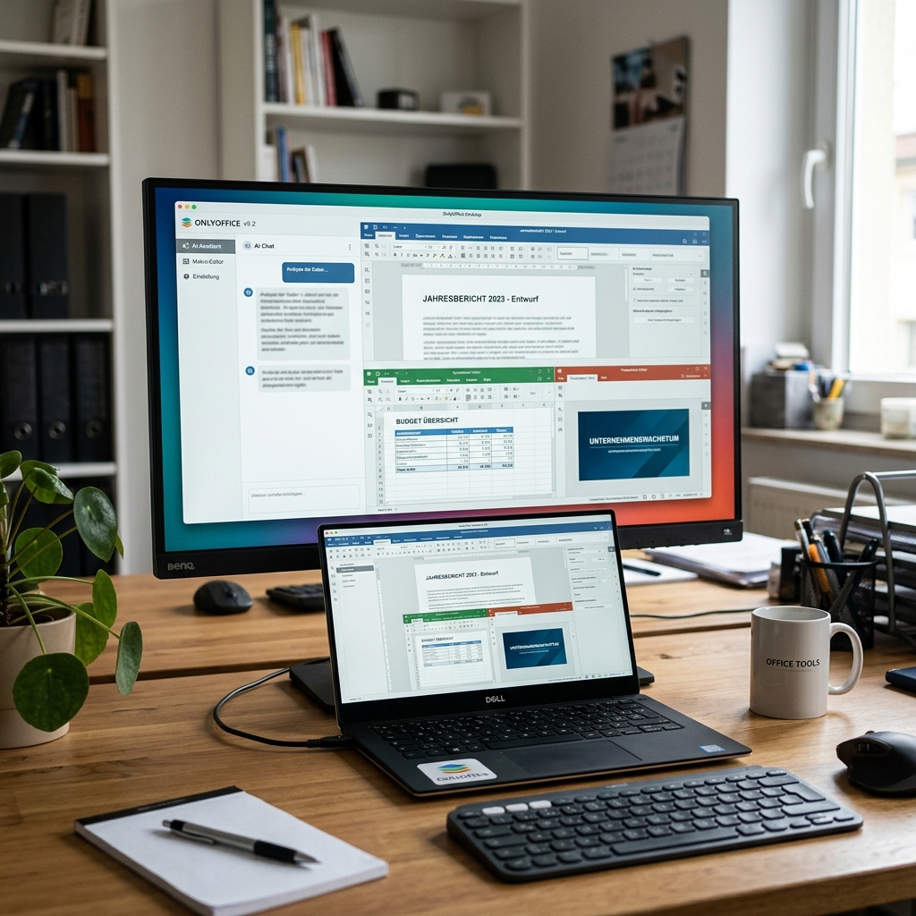 Ein Arbeitsplatz mit Monitor, Laptop und Bürobedarf