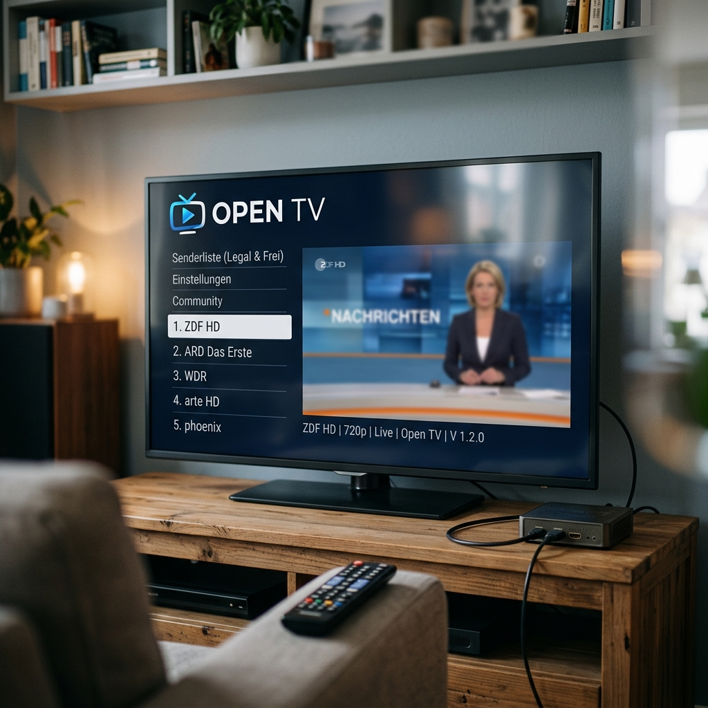 TV-Bildschirm mit Senderliste und Nachrichtensendung