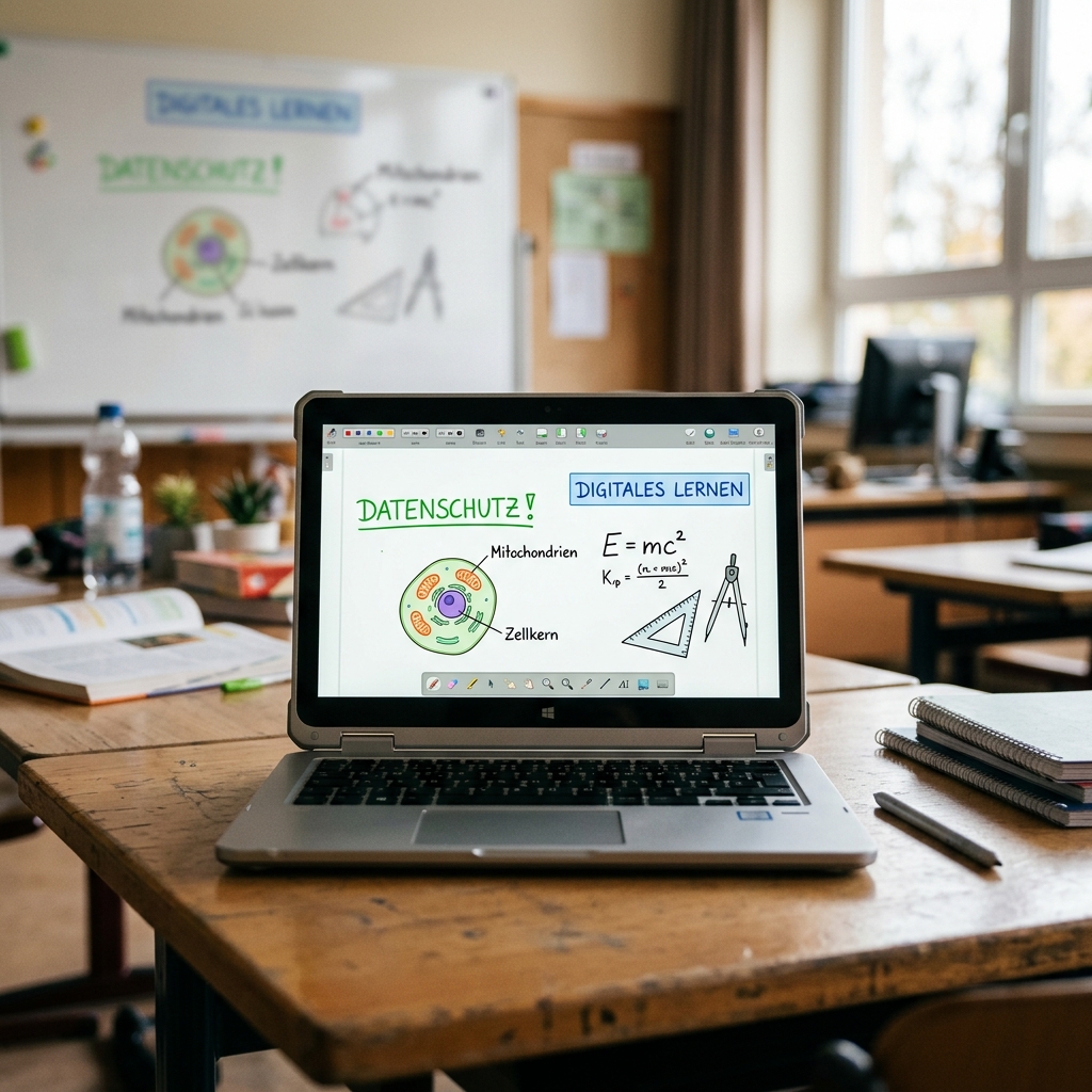 Laptop mit digitalen Lerninhalten auf einem Tisch in einem Klassenzimmer