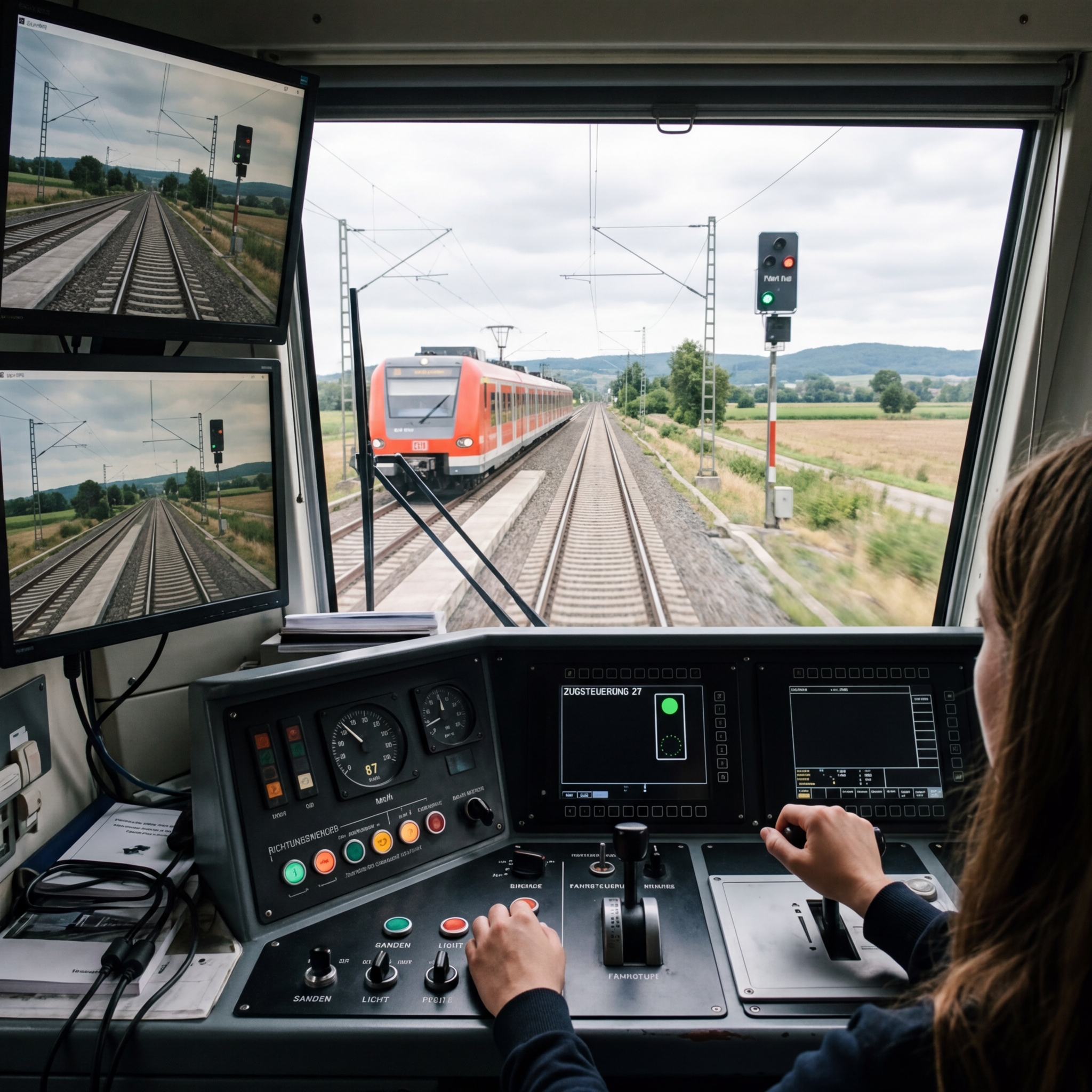 Führerstand eines Zuges mit Monitoren und Bedienelementen