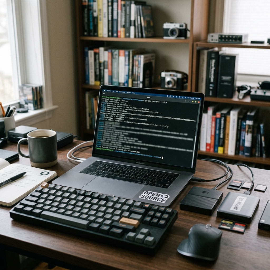 Ein Arbeitsbereich mit Laptop, Tastatur, Notizbuch und Tasse Kaffee.