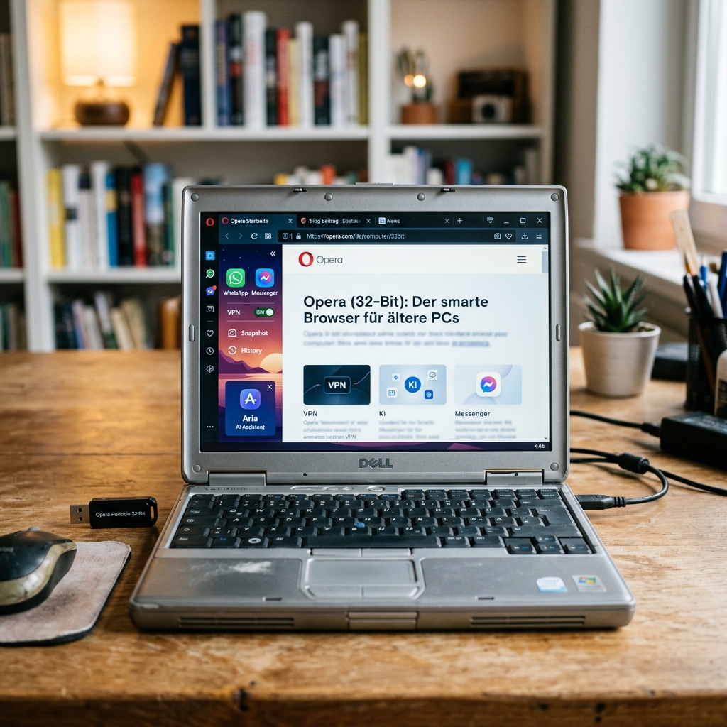 Ein älterer Dell Laptop auf einem Holztisch mit geöffnetem Browserfenster.