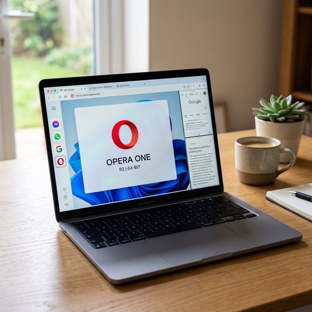 Laptop zeigt Opera One und eine Tasse Kaffee