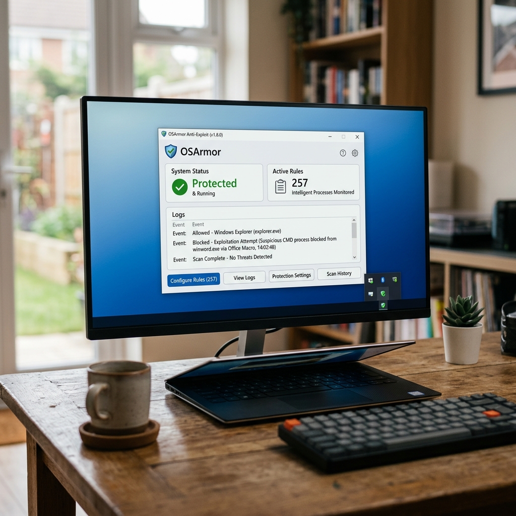 Screenshot von OSArmor mit Schutzstatus und Log-Ereignissen