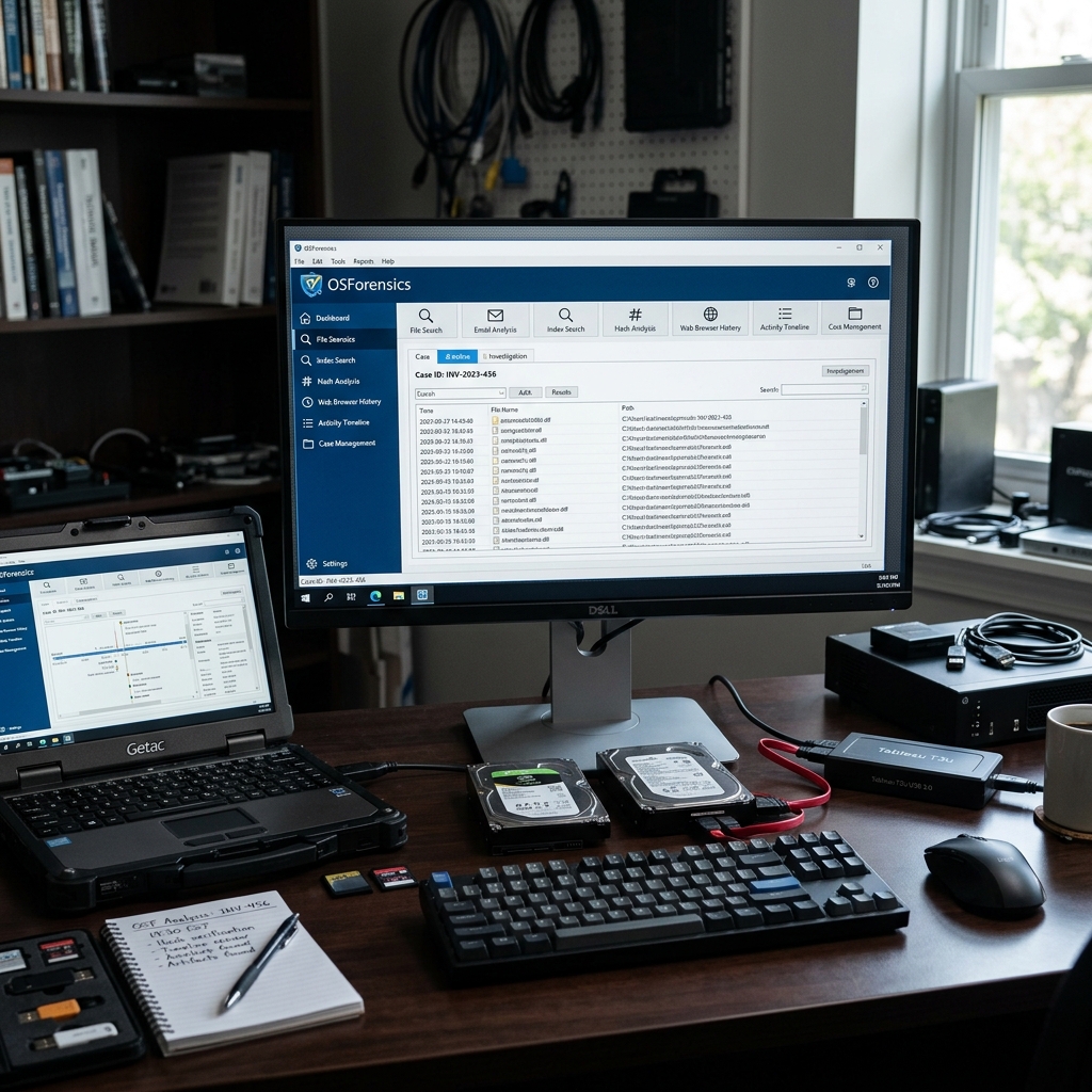 Schreibtisch mit Monitor, Laptop, externen Festplatten und Notizblock.