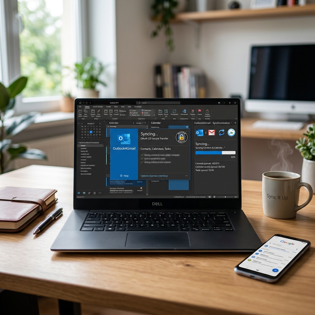 Laptop zeigt Outlook-Anwendung mit Synchronisationsstatus