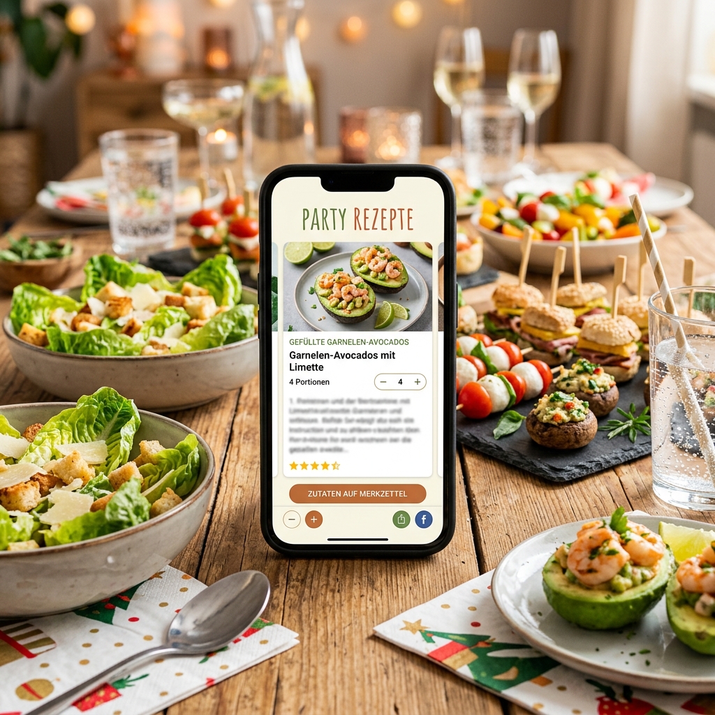 Smartphone zeigt Rezept für gefüllte Avocados auf dem Tisch mit verschiedenen Gerichten