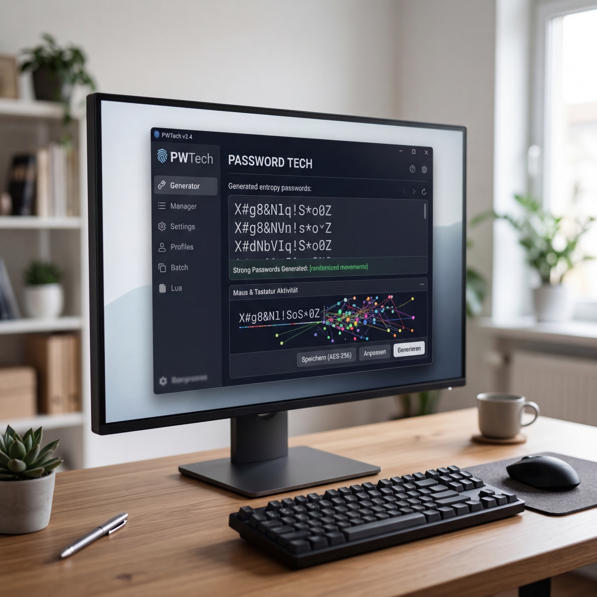 Computer screen displaying password generation tool with keyboard and mouse