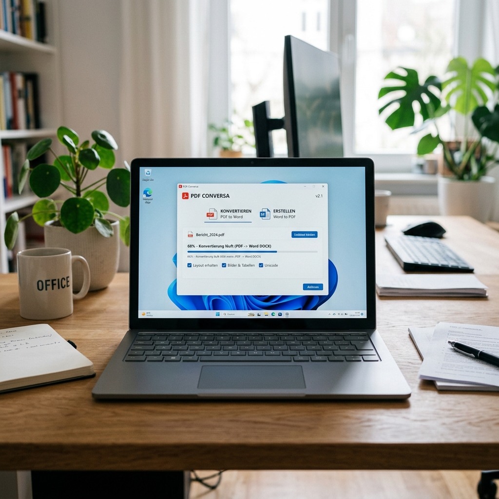 Ein Laptop zeigt PDF Konvertierungssoftware auf einem Holztisch.