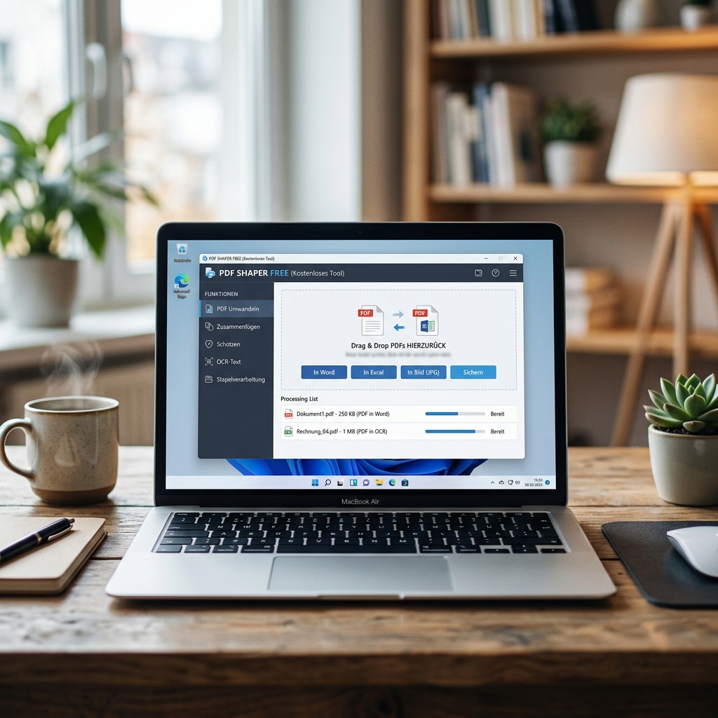 Laptop zeigt PDF Shaper Free Software mit Tasse Kaffee und Pflanze im Hintergrund