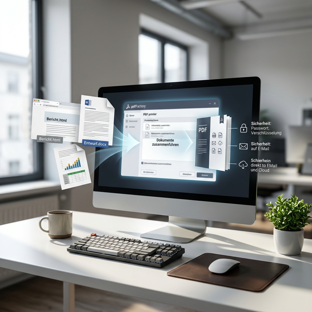 Computerbildschirm mit PDF-Software und Dokumenten im Arbeitsumfeld