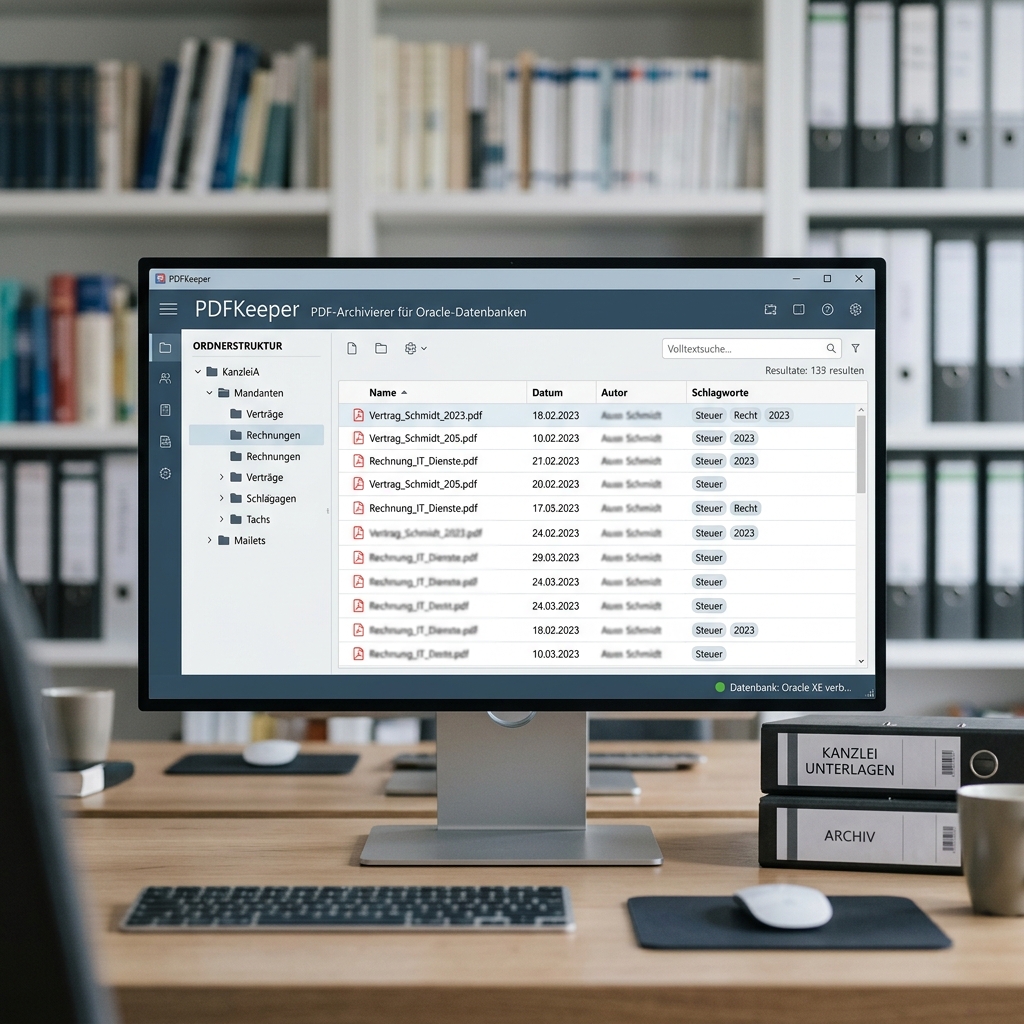 Monitor zeigt PDFKeeper mit Ordnerstruktur und Dokumentenliste an