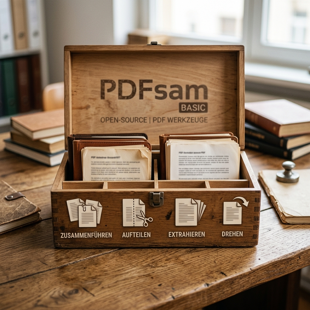 Holzkiste mit PDFsam Werkzeugen und Dokumenten