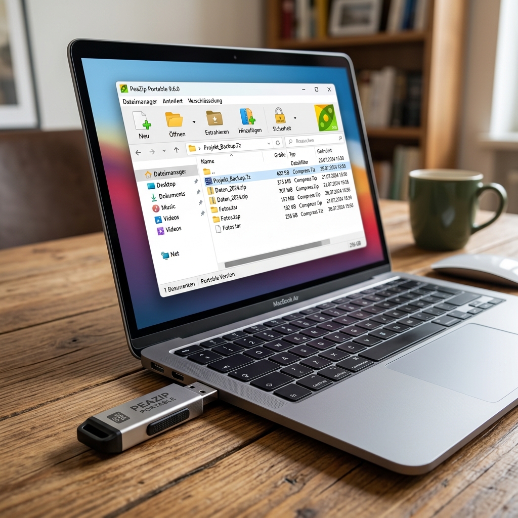 Laptop mit geöffnetem Dateimanager und USB-Stick