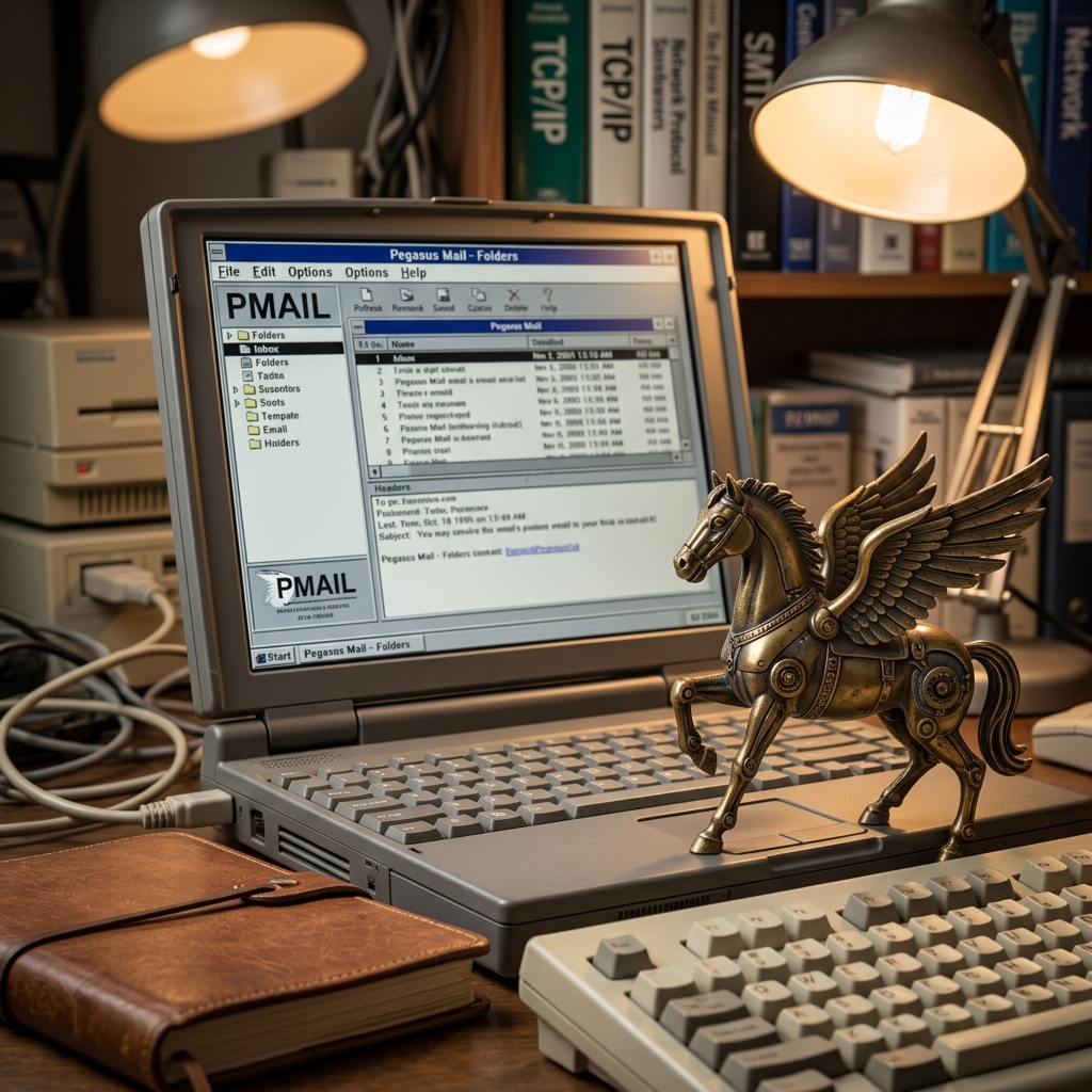 Ein nostalgischer Computer mit Pegasus Mail und einem goldenen Pferd.