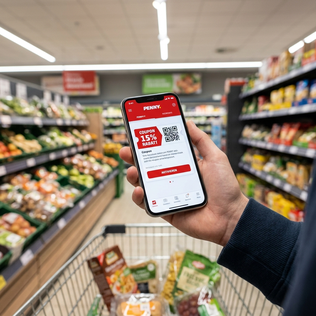 Ein Smartphone zeigt einen Rabattcoupon im Supermarkt an