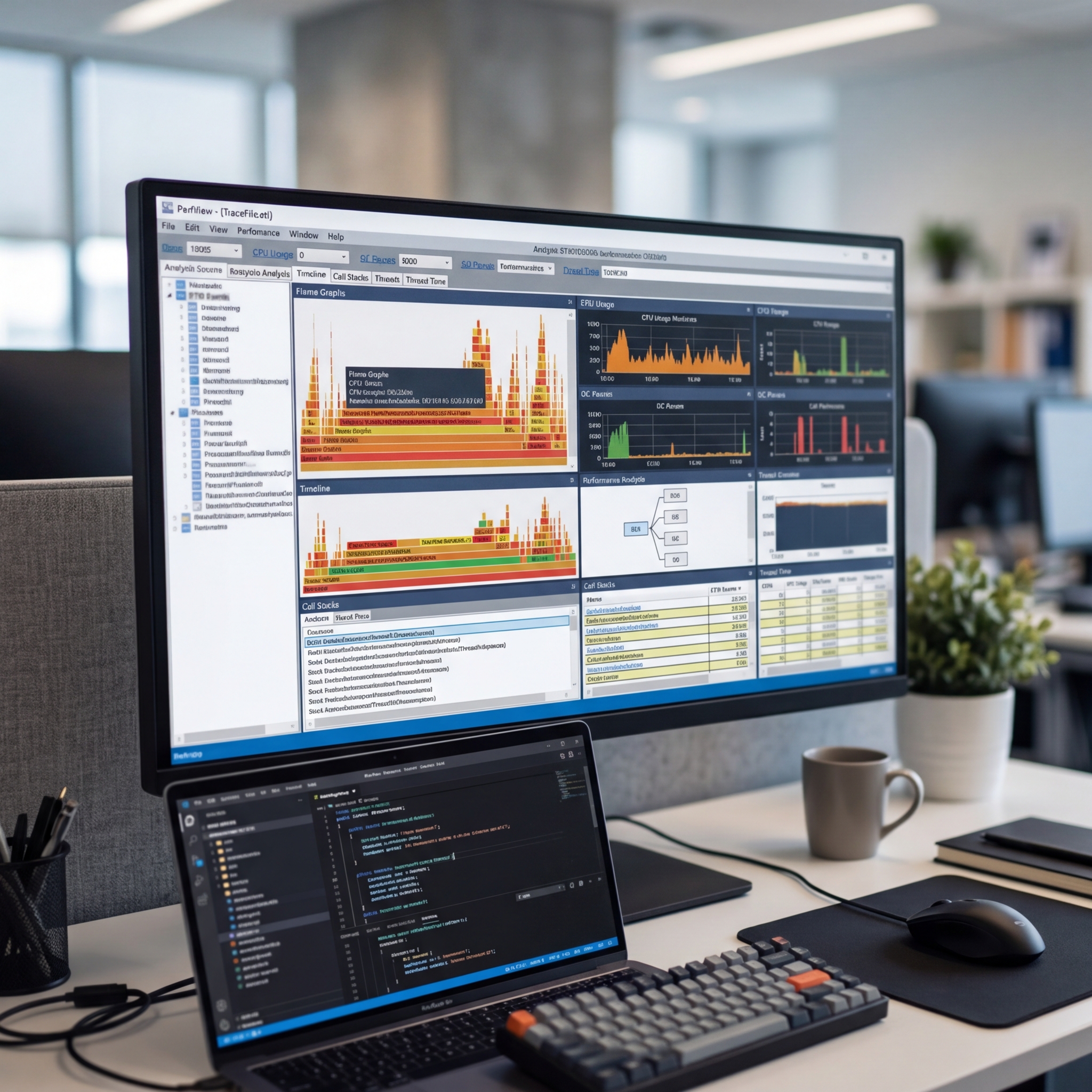 Grafische Darstellung eines Flame Graphs auf einem Monitor am Arbeitsplatz
