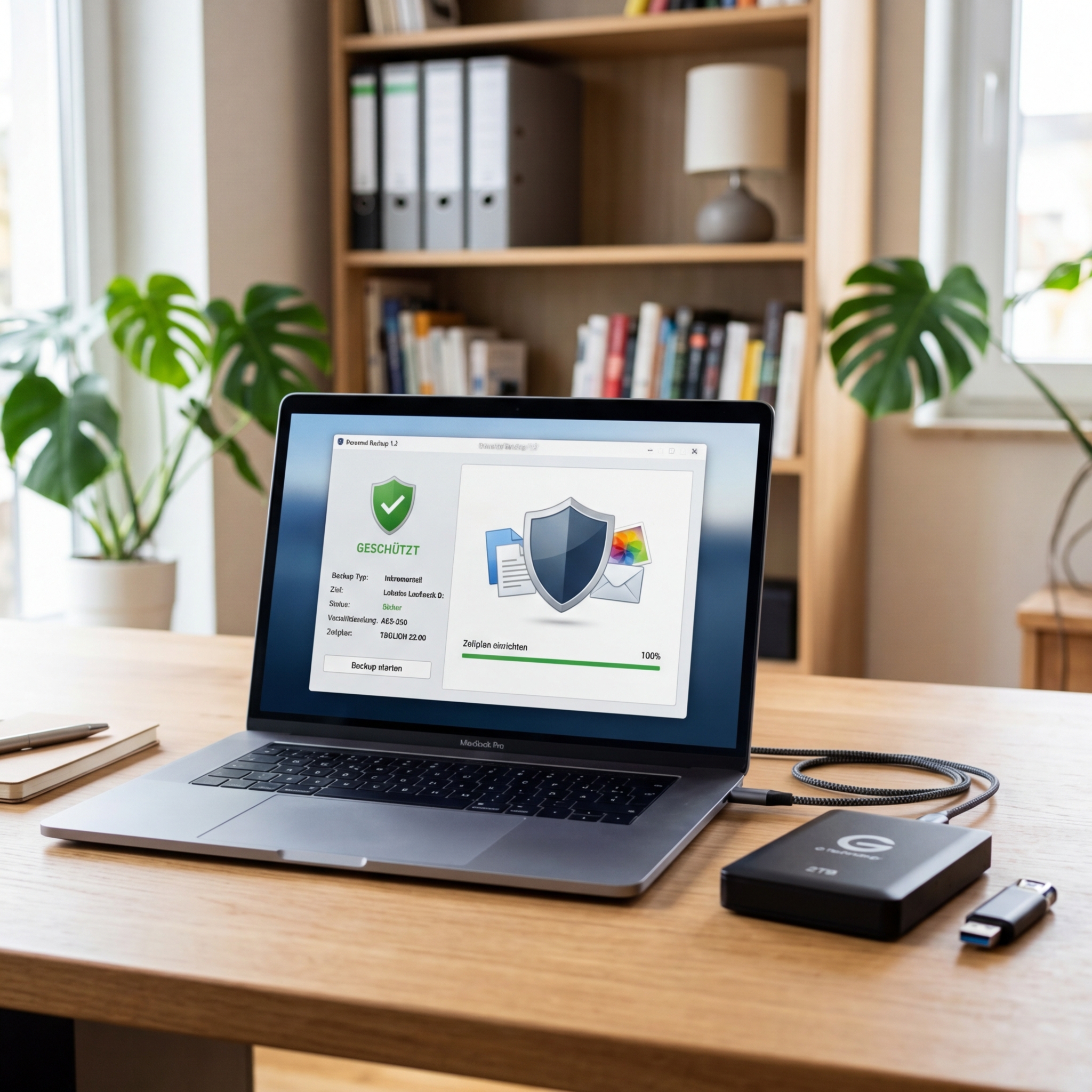 Laptop zeigt Backup-Status, externes Laufwerk und USB-Stick auf Tisch