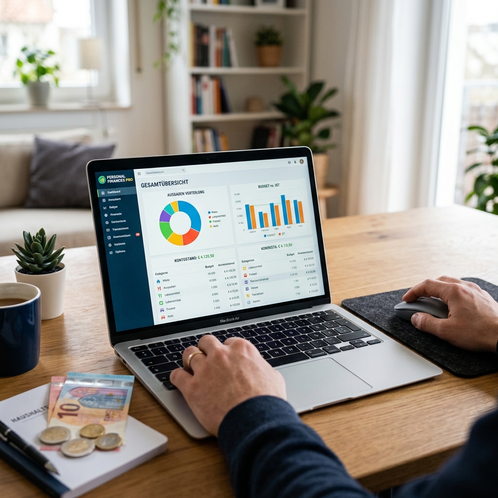 Laptop mit Finanzübersicht und Diagrammen auf einem Tisch
