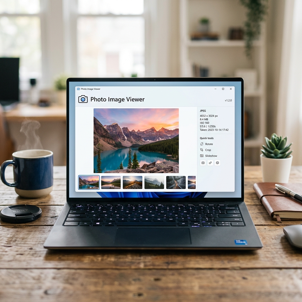 Laptop zeigt Landschaftsbild in Fotoanzeige-Software