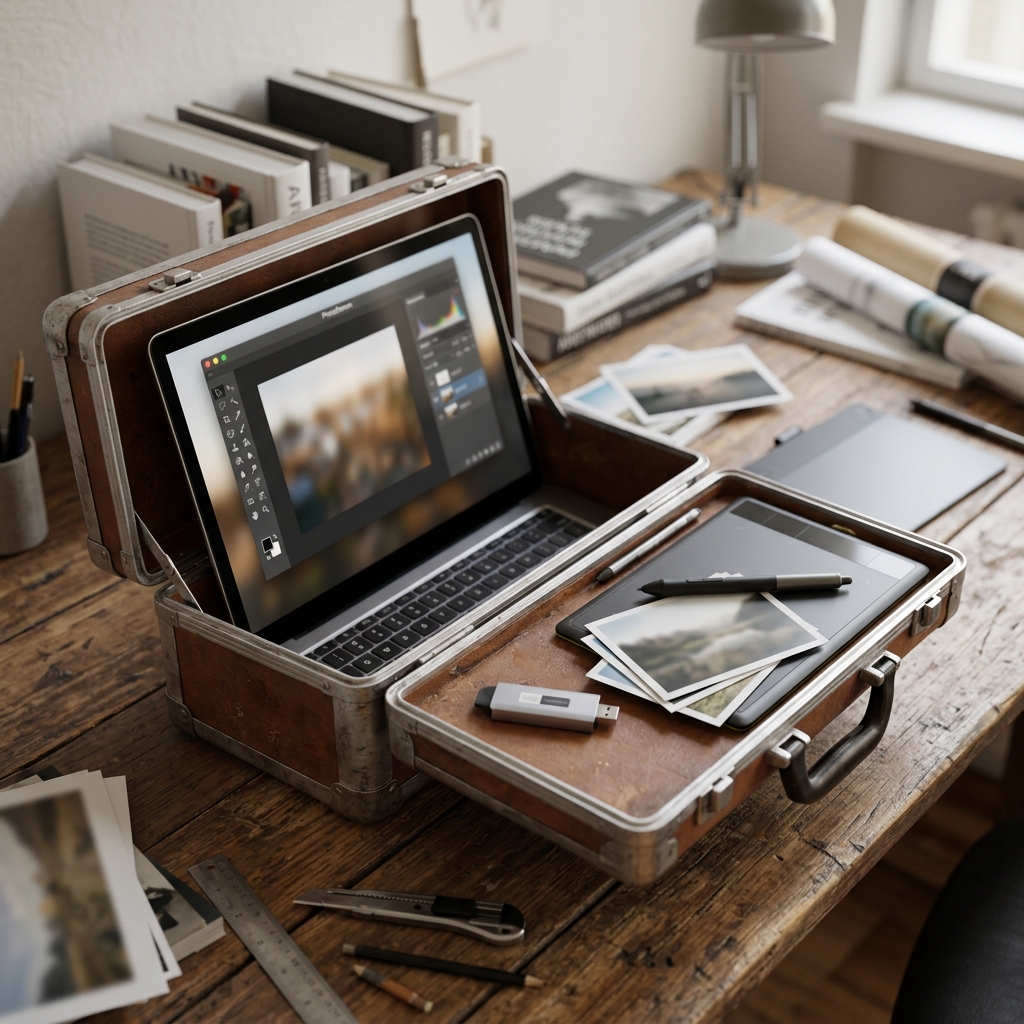 Ein Laptop in einer geöffneten Kiste mit Fotos und Schreibutensilien auf einem Schreibtisch.