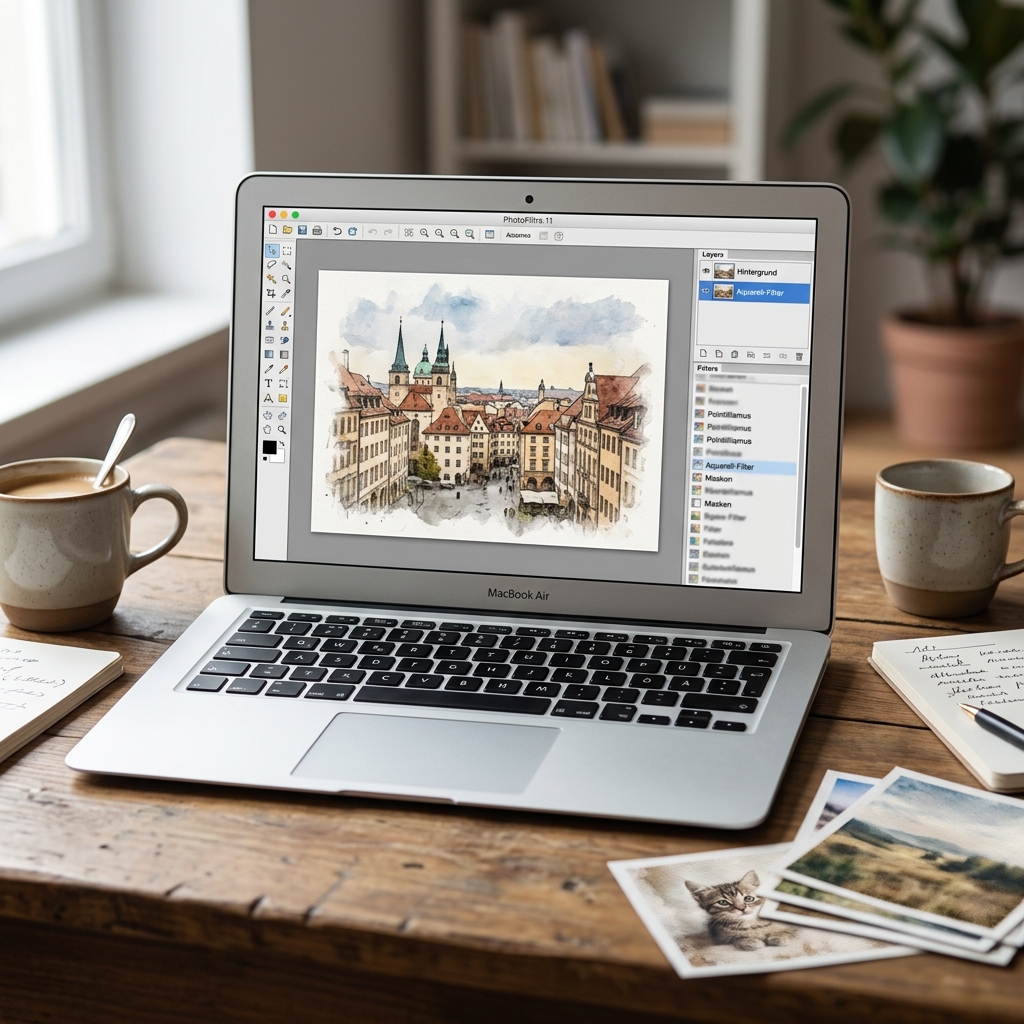 Ein Laptop zeigt ein Architekturdesign, umgeben von Tassen und Notizen.