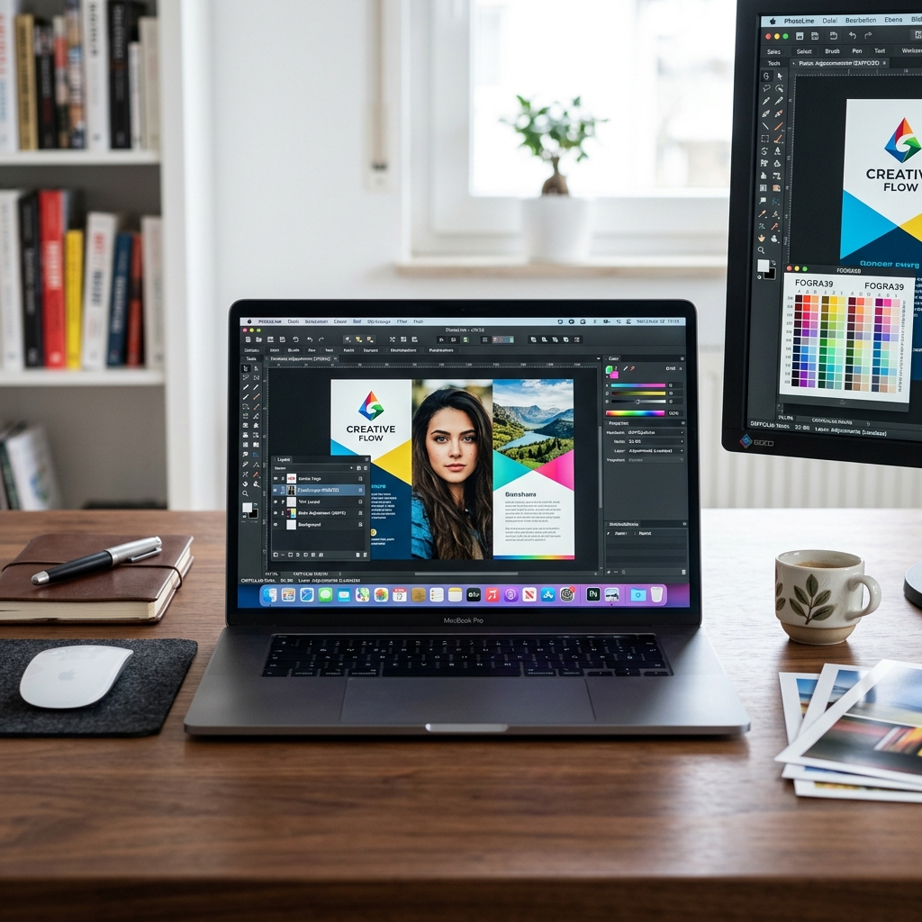 Ein Laptop und ein Monitor auf einem Holzschreibtisch
