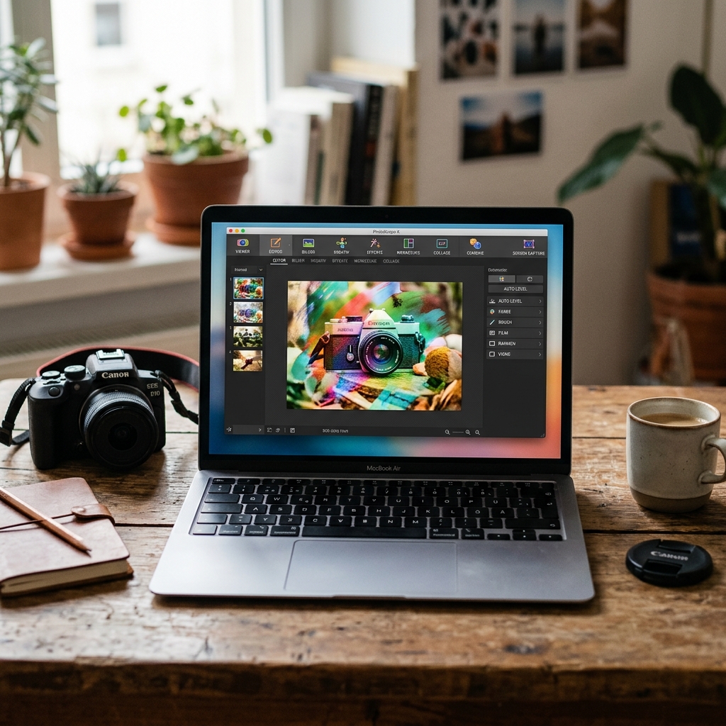 Ein Laptop zeigt ein Bildbearbeitungsprogramm, daneben eine Kamera und Tasse.