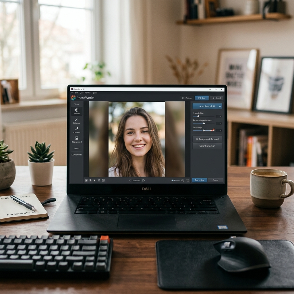 Laptop zeigt Bildbearbeitungssoftware mit lächelnder Person
