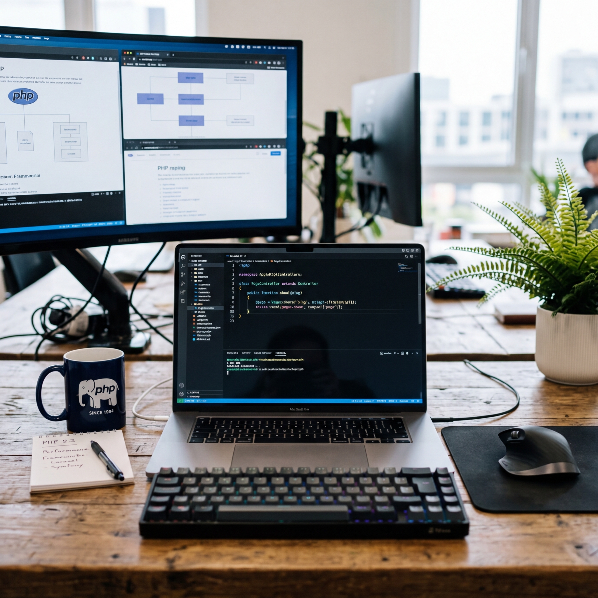 Laptop, zwei Monitore, Kaffeetasse und Notizblock auf einem Schreibtisch.