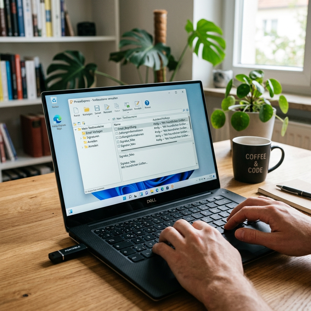 Ein Laptop zeigt ein Textbearbeitungsprogramm mit einer Kaffeetasse daneben.