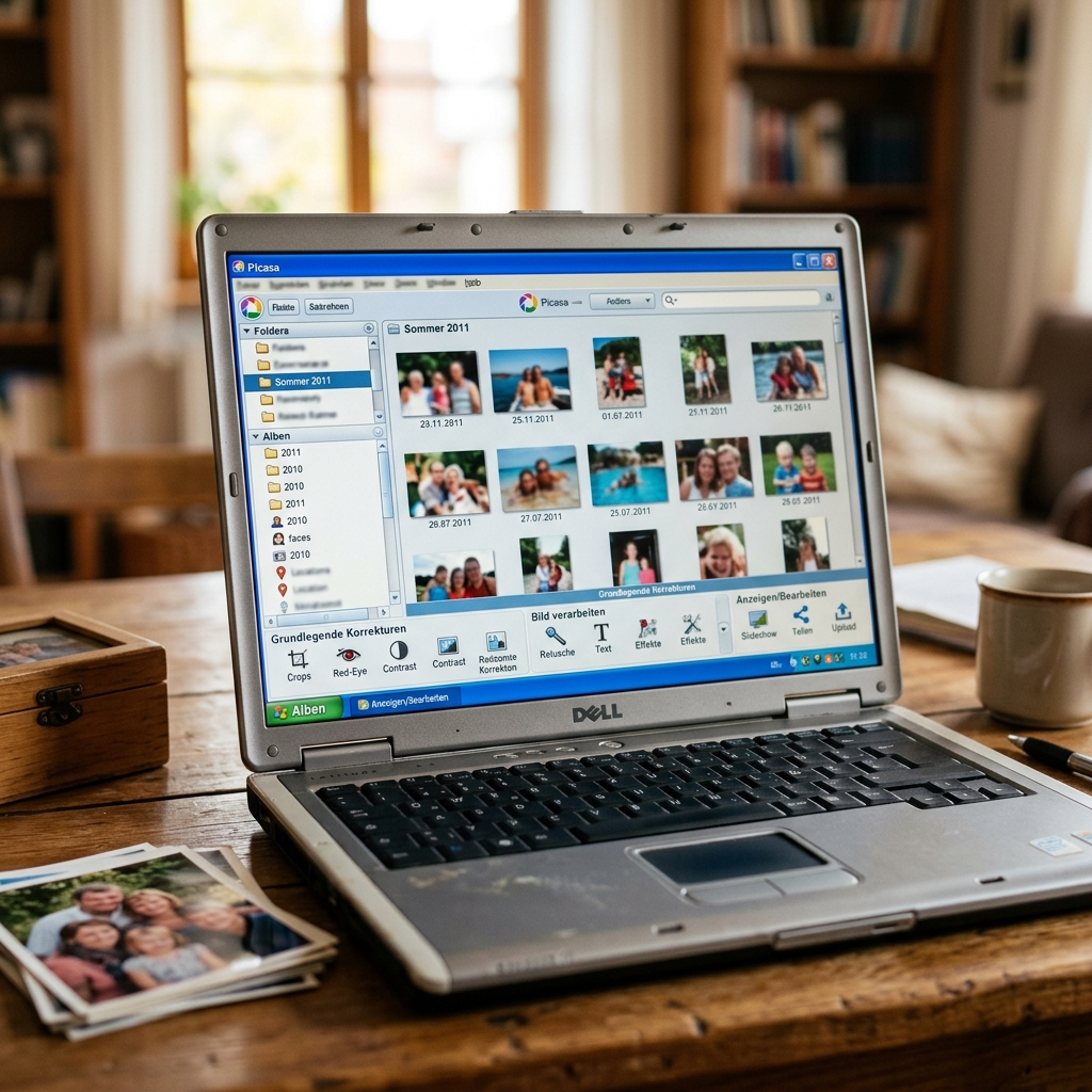Ein Laptop zeigt eine Bildbearbeitungssoftware mit verschiedenen Fotos