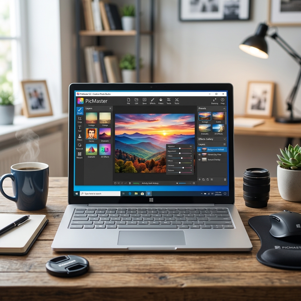 Laptop auf einem Tisch mit Bildbearbeitungssoftware und einer Tasse Kaffee.
