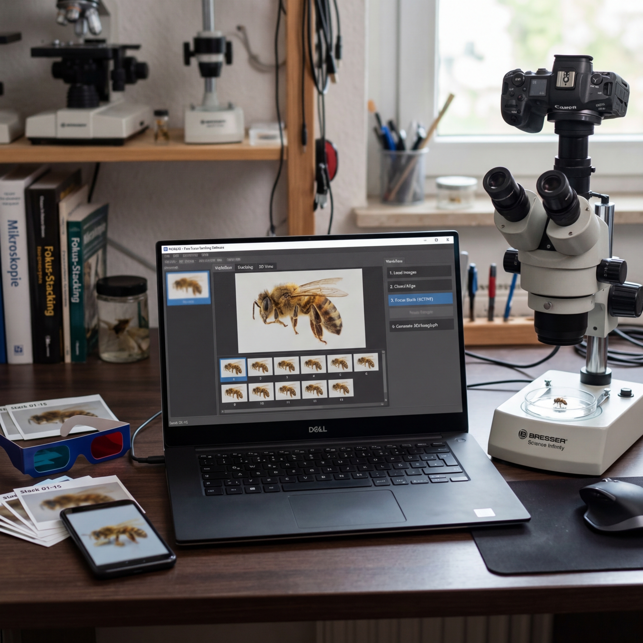 Arbeitsplatz mit Laptop, Mikroskop und Kamera zur Insektenmikroskopie.