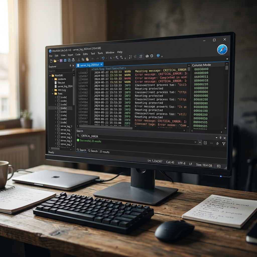 Computer screen displaying server log file with error messages and system information.