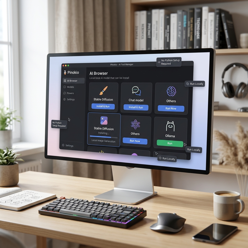 Computerbildschirm zeigt AI-Tool-Manager mit verschiedenen Optionen und Anwendungen