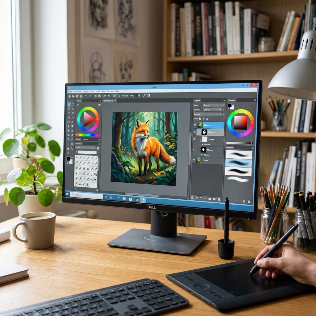 Computer mit digitaler Zeichensoftware und Grafiktablet auf einem Tisch