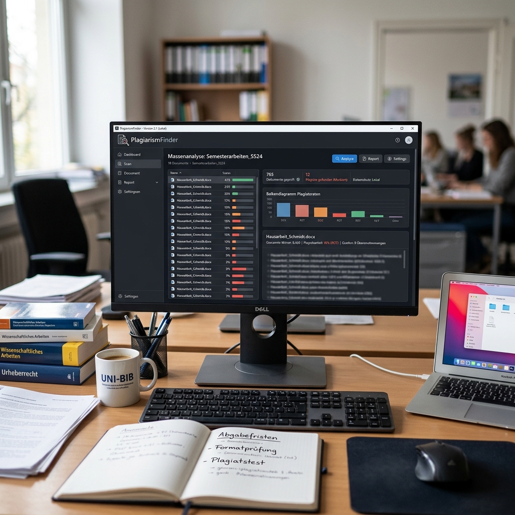 Büro mit Computer, Notizen und Büchern auf einem Tisch.