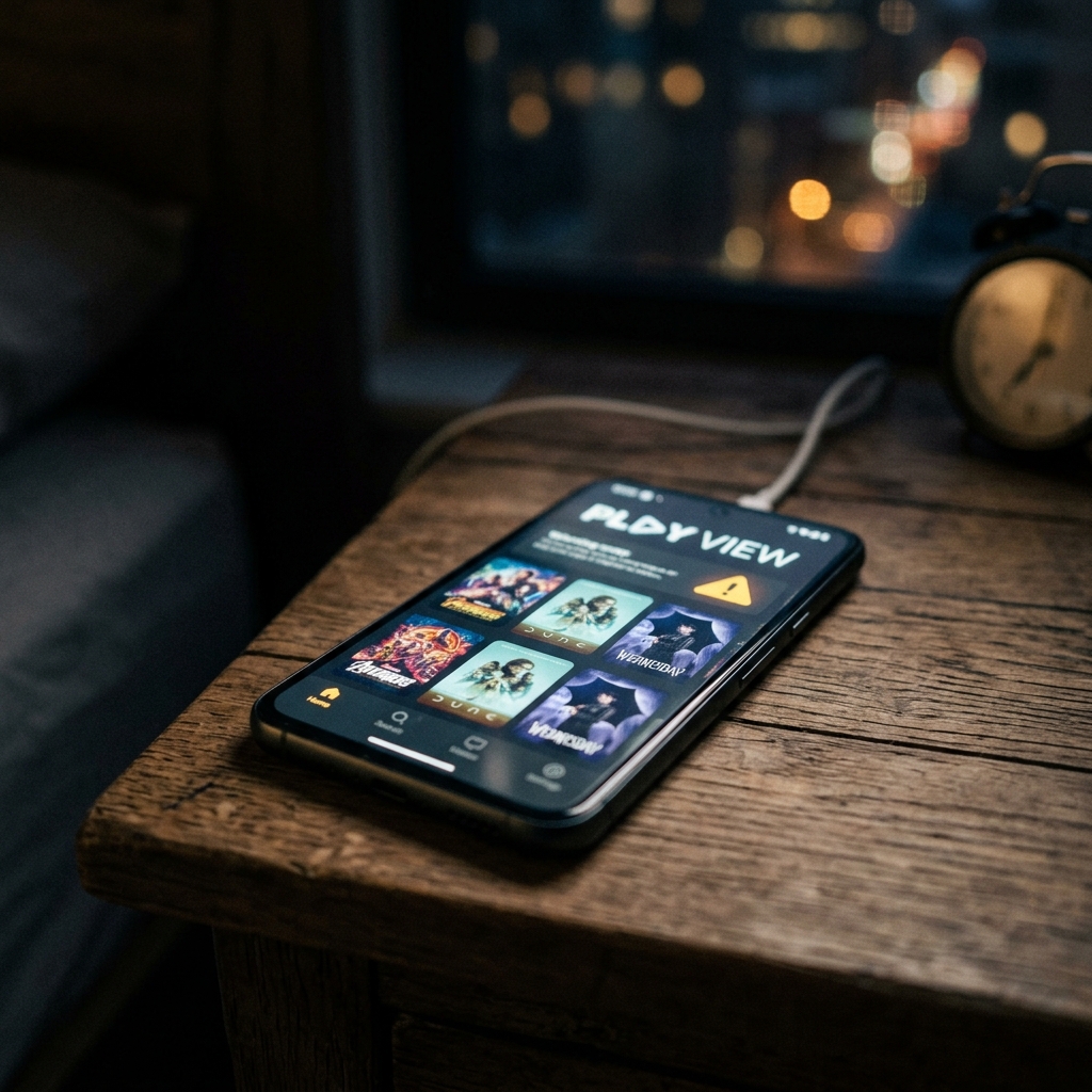 Ein Smartphone mit Streaming-App auf einem Holz-Nachttisch.